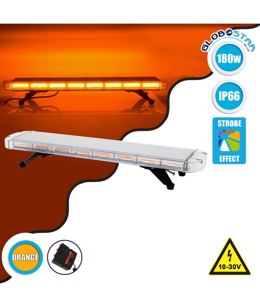 GloboStar® 85189 PRO Series Φάρος Σήμανσης Οχήματος Οδικής Βοήθείας για Αυτοκίνητα & Φορτηγά 6 Προγραμμάτων Φωτισμού STROBE LED COB 180W DC 10-30V Αδιάβροχος IP66 Πορτοκαλί